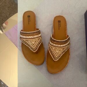 White Mountain Tan and Brown Sandals with Beaded Straps